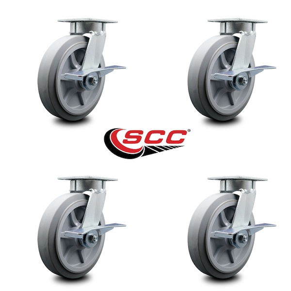 Service Caster 8 Inch Kingpinless Thermoplastic Rubber Wheel Swivel Caster Set with Brakes SCC SCC-KP30S820-TPRRF-SLB-4 - main